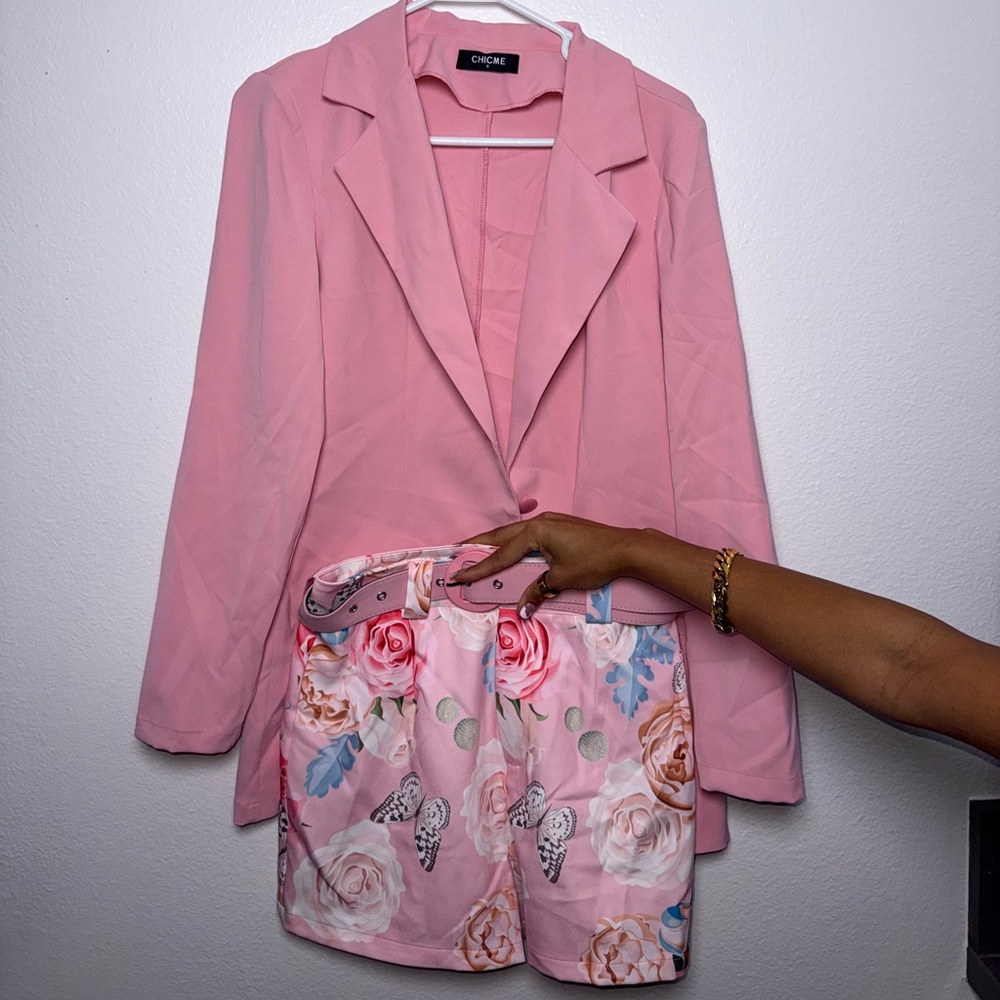 Pink Blazer and Floral Short Set